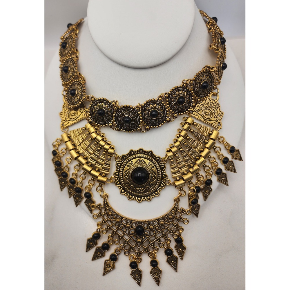 Egyptian Revival Gold Tone Choker Necklace Black Cabochon Statement Cleopatra - Picture 2 of 5